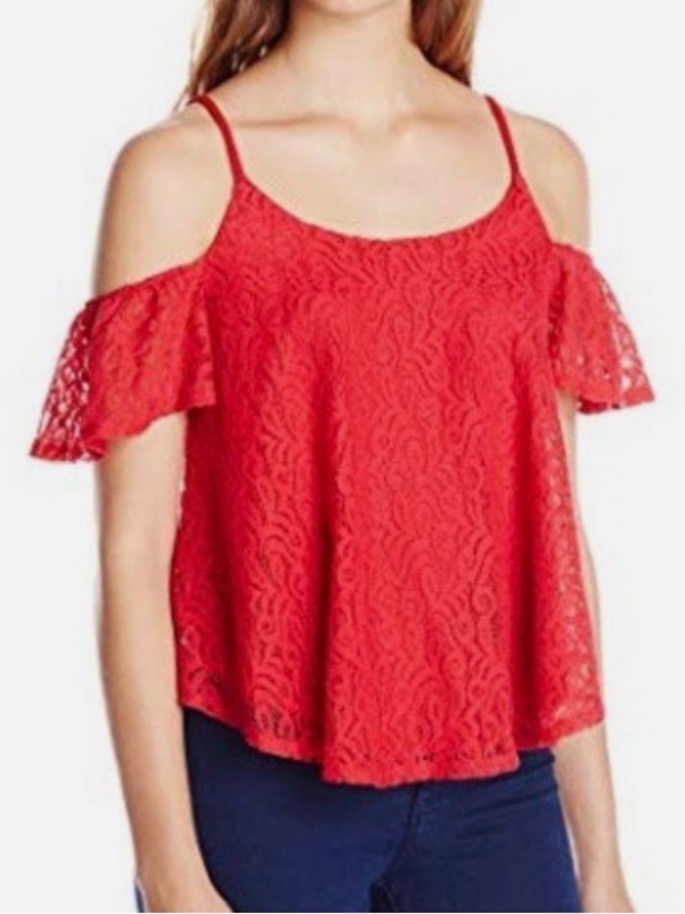 Red Lace Cold-Shoulder Women's Top